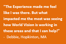 Guests experience first hand what it's like to live in World Vision sponsorship regions such as South America, Africa, and South Asia through audio and visual aides in the World Vision Experience mobile exhibit at Faith Community Church in Hopkinton, MA.